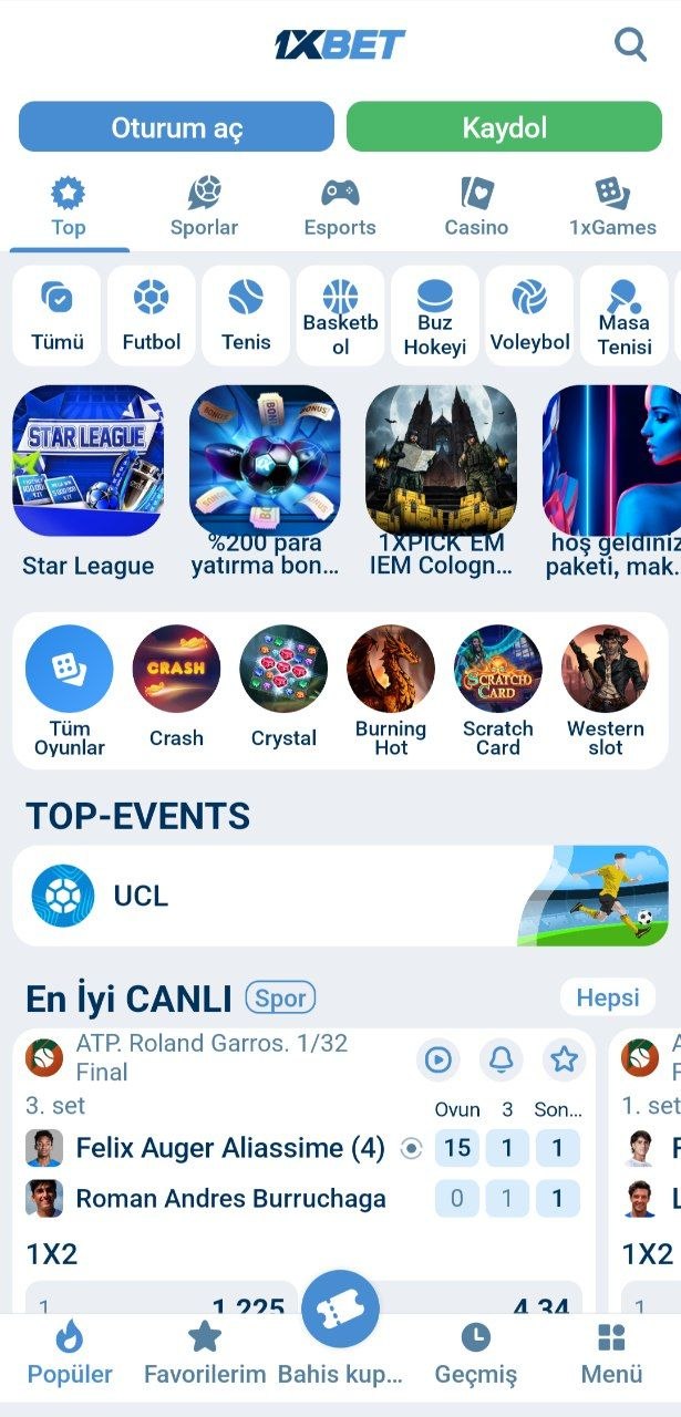 1xBet mobil uygulaması ana ekran — Türkçe arayüz